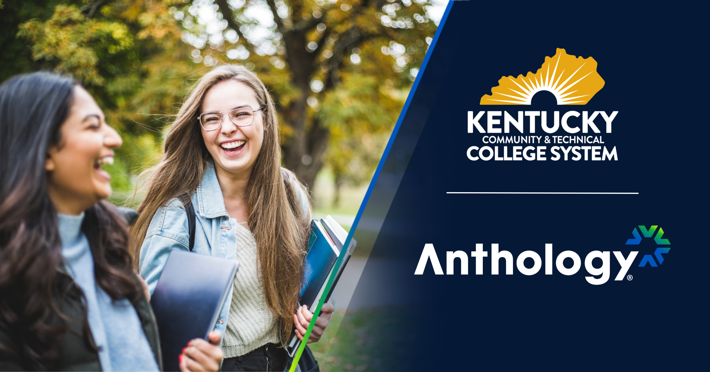 Two people laughing outdoors with books; Kentucky Community & Technical College System and Anthology logos on the right.  