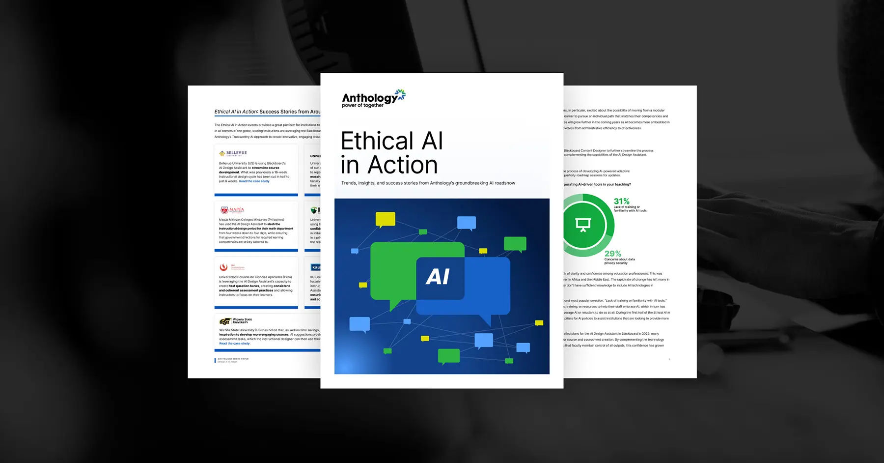 Preview of the Ethical AI in Action Roadshow report overlaid on top of a photo obscured by a transparent black overlay