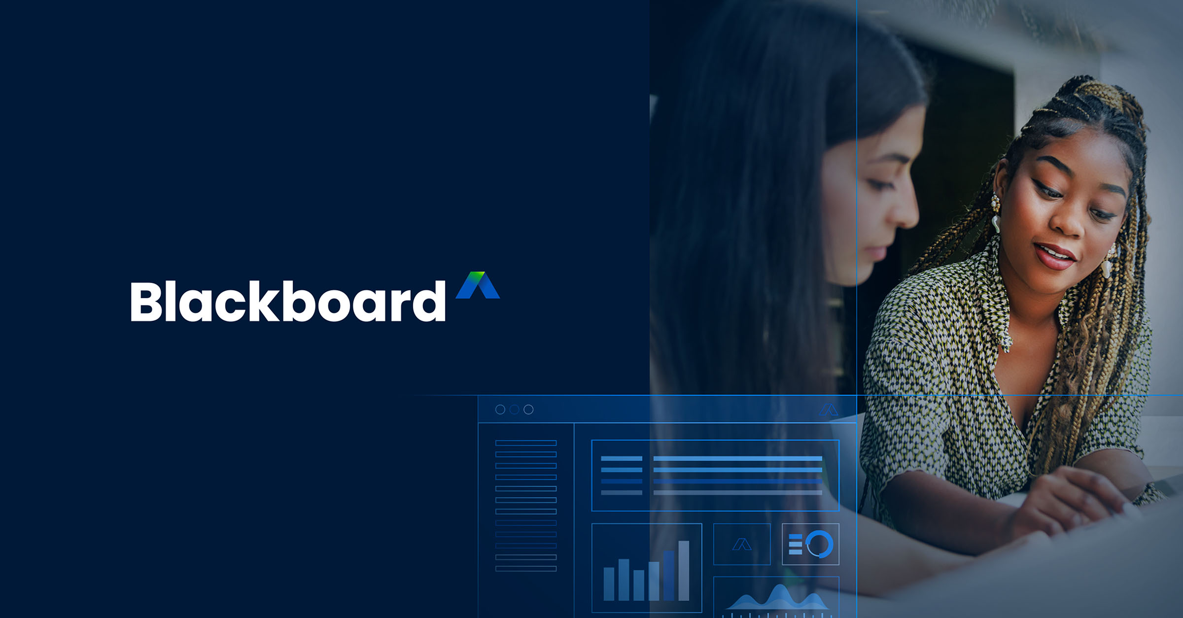 Blackboard logo next to an image of an instructor helping a learner