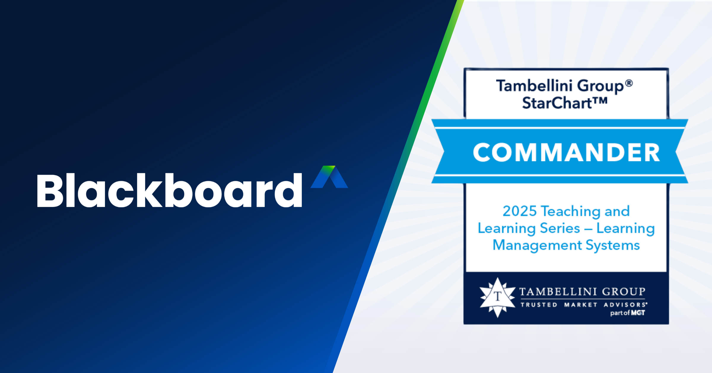 Image featuring the Blackboard logo on the left and a Tambellini Group StarChart badge on the right.  Transcribed Text:  Blackboard  Tambellini Group® StarChart™ COMMANDER 2025 Teaching and Learning Series – Learning Management Systems TAMBELLINI GROUP TRUSTED MARKET ADVISORS™ part of MGT