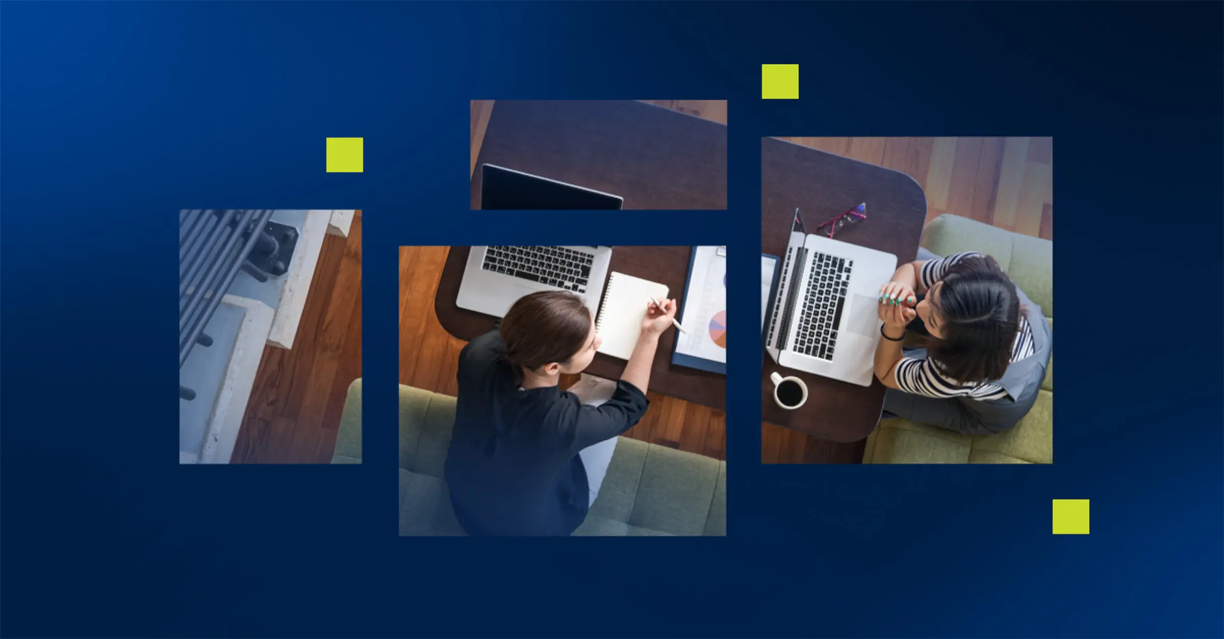 Stylized overhead photo of two people working on a project in Blackboard on their laptops
