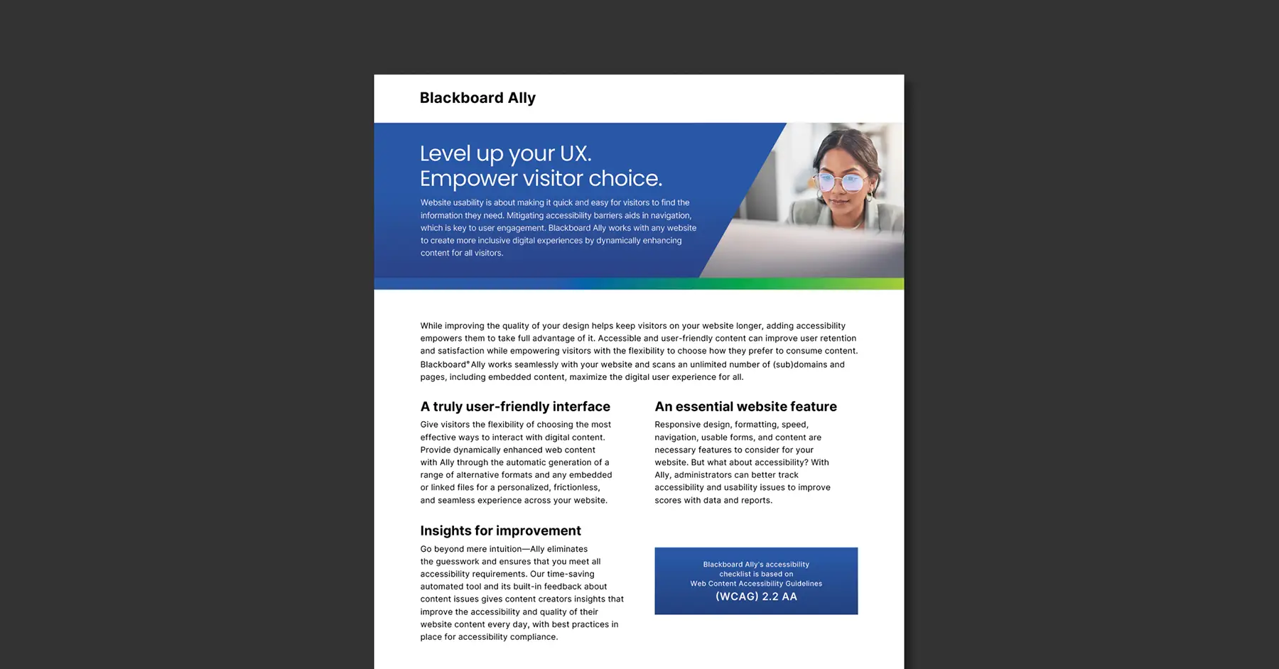Preview of the Blackboard Ally for Web data sheet over a gray background