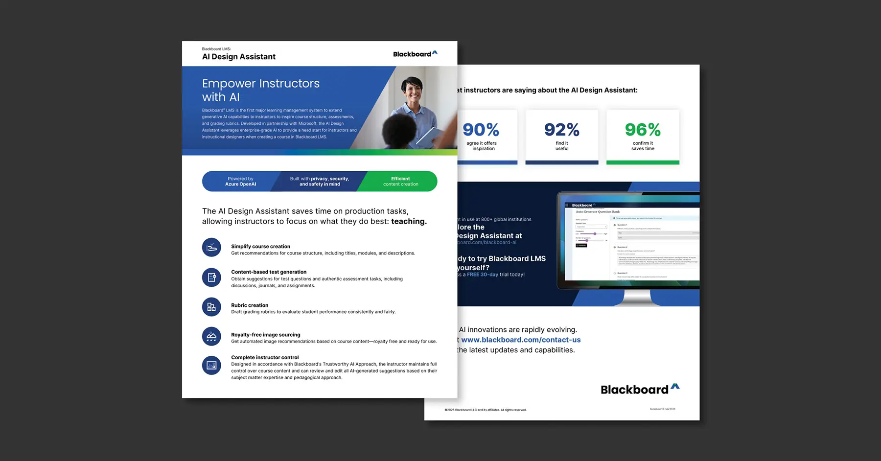 Preview of the Blackboard LMS: AI Design Assistant data sheet over a gray background
