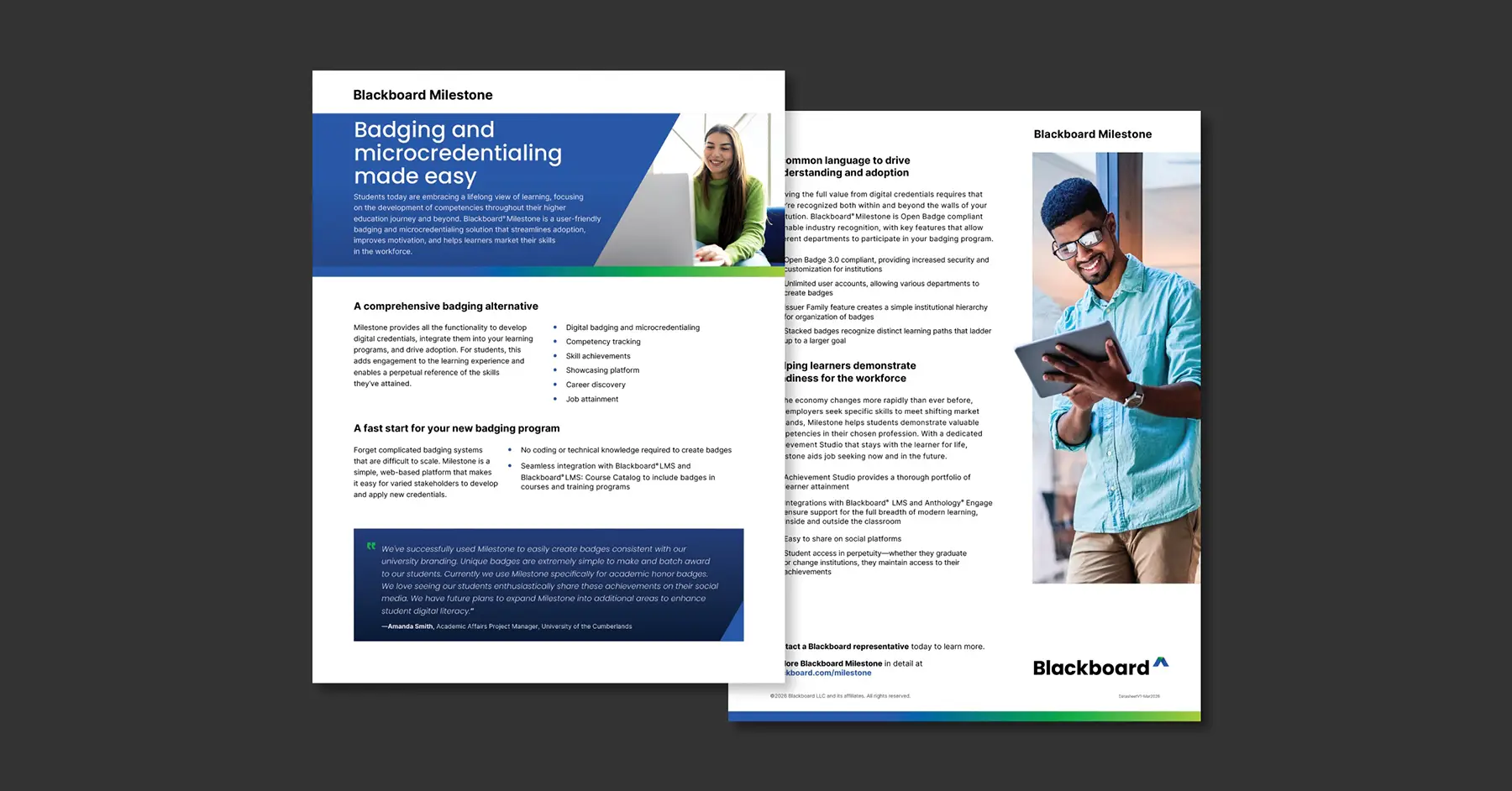 Preview of the Blackboard Milestone data sheet over a gray background