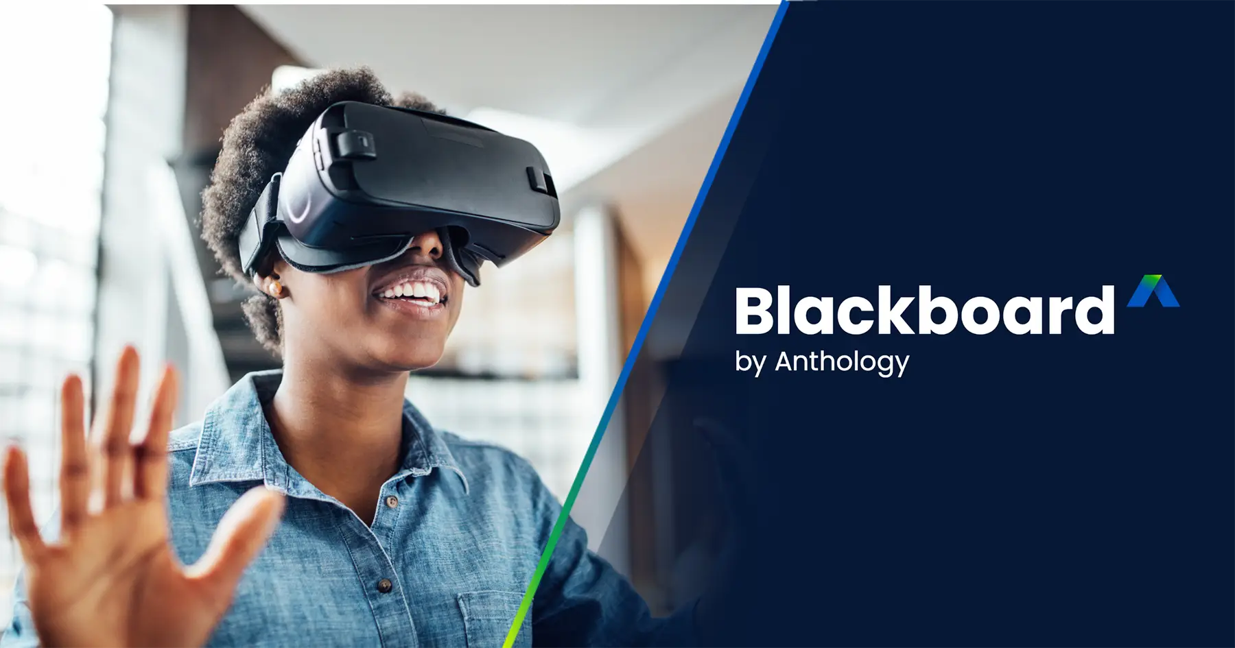 Photo of a woman using the immersive capabilities of Blackboard LMS video studio next to the Blackboard logo