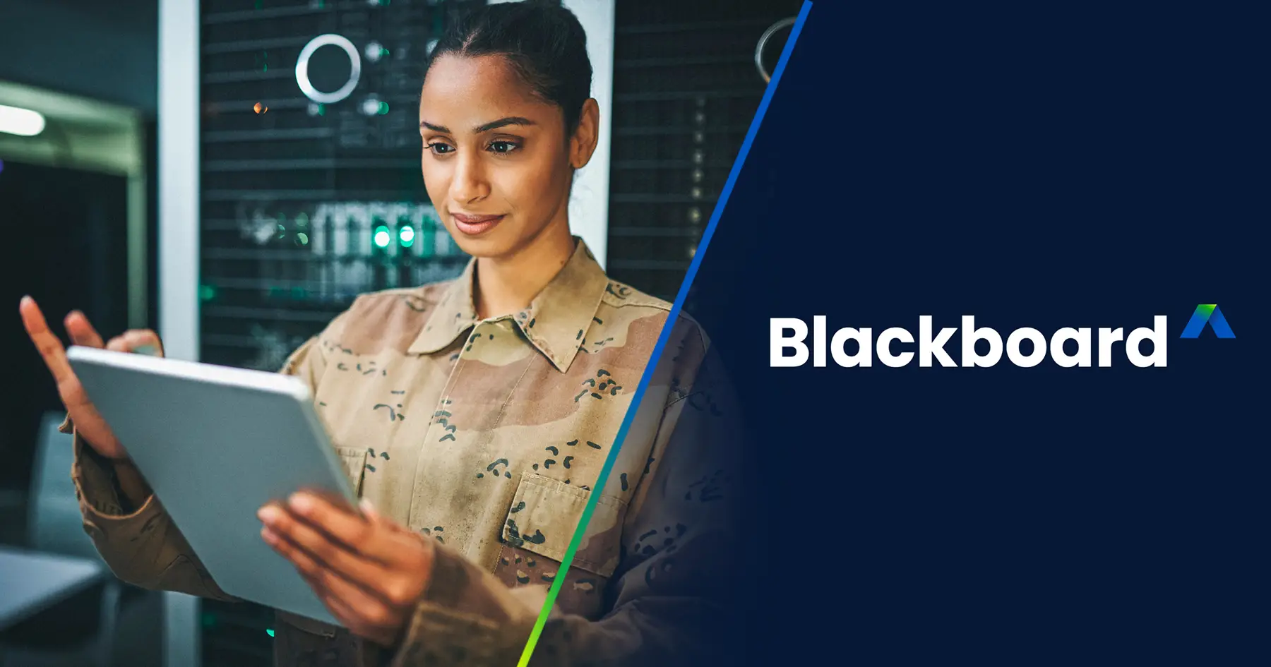 Photo of a soldier using the IL4 authorized Blackboard LMS on a tablet next to the Blackboard logo