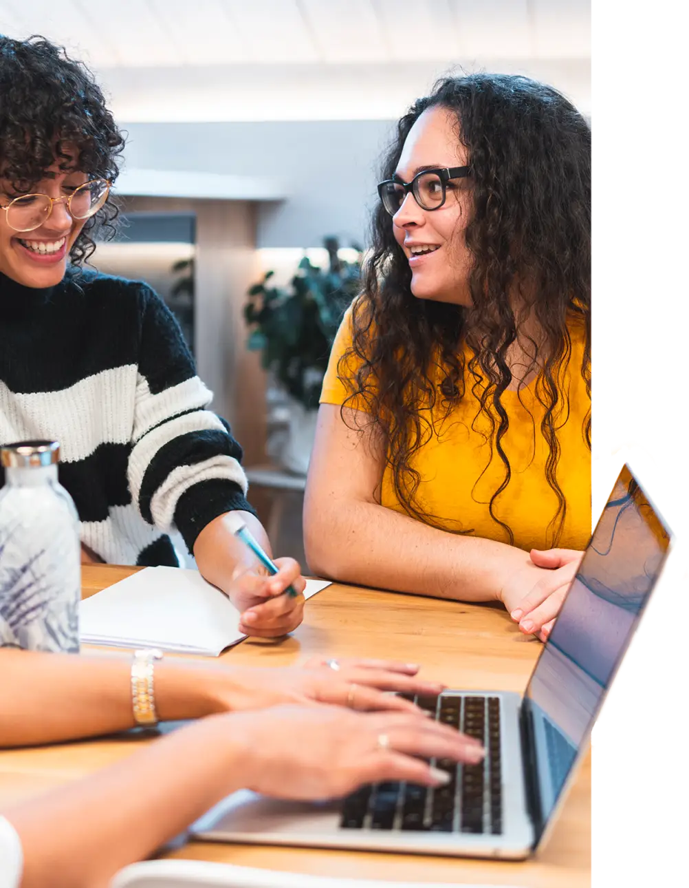Two women smiling and looking at a laptop screen while using educational software