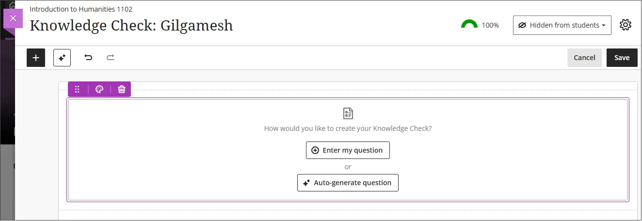 Image 1: Instructors can select Enter my question or Auto-generate question when creating a knowledge check.