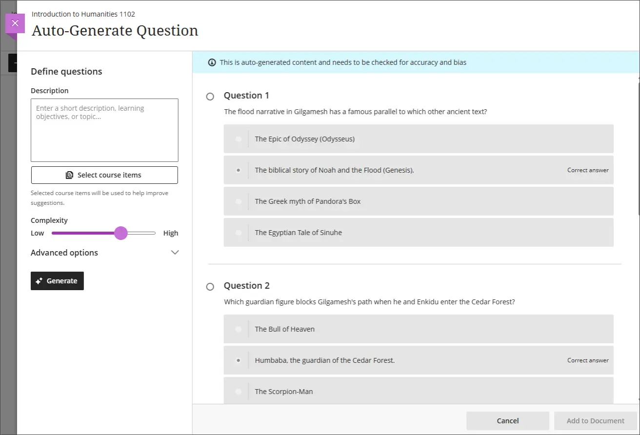Image 2: After the system generates questions, the instructor selects which question to add to the Document. After adding a question, instructors can edit the question, question options, and question settings.