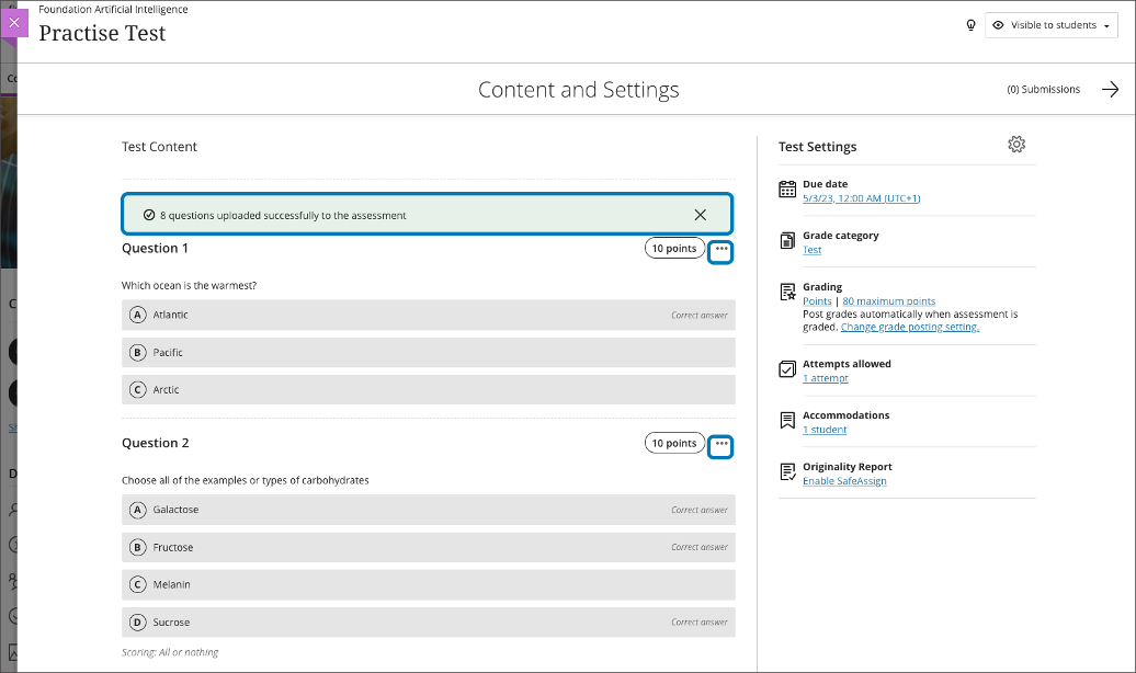 An instructor can edit uploaded questions as they would a manually added question