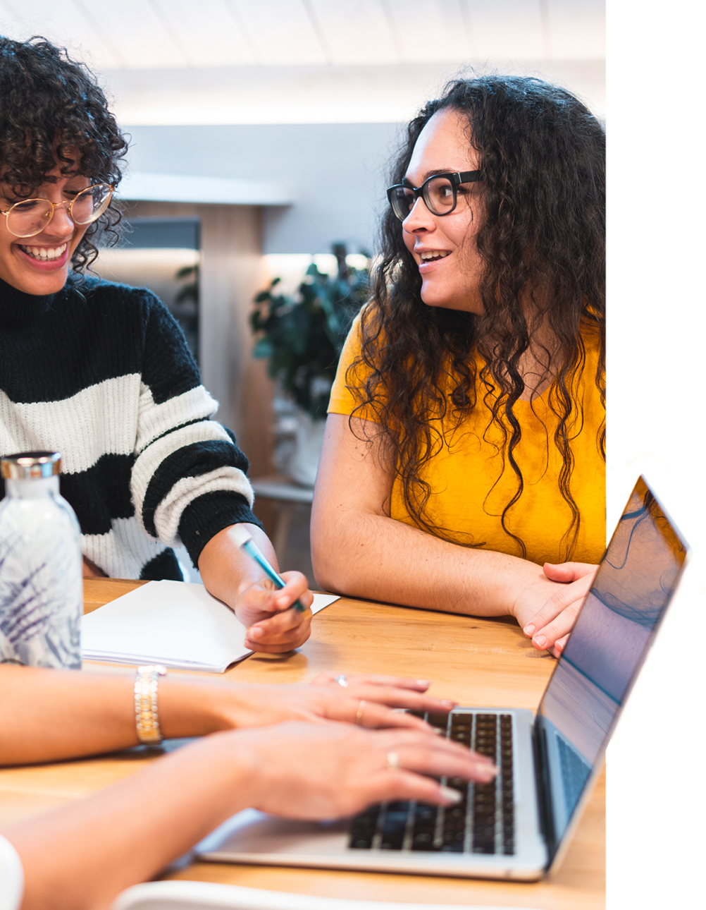 Two women smiling and looking at a laptop screen while using educational software