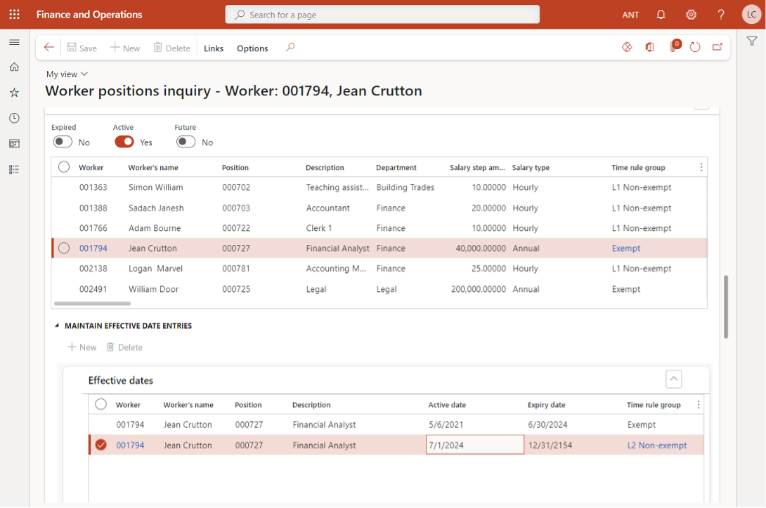 screenshot showing a worker whose $40K annual salary moves them from being exempt up until June 30 to being non-exempt after June 30.