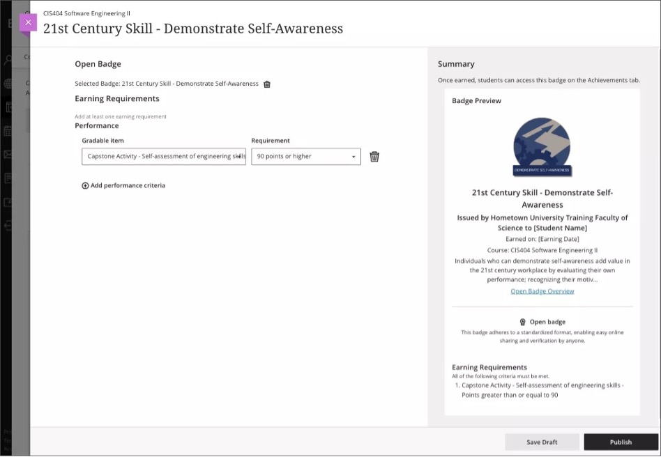 Image 3. Instructor view of Earning Requirements where you can set the performance criteria
required to earn the Open Badge and preview how the badge appears for students