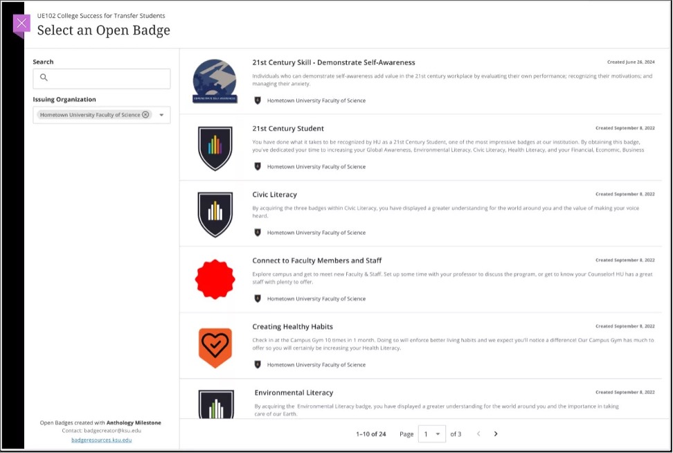 Image 2. Instructor view of the Select an Open Badge screen; it displays a list of Open Badges
from Milestone
