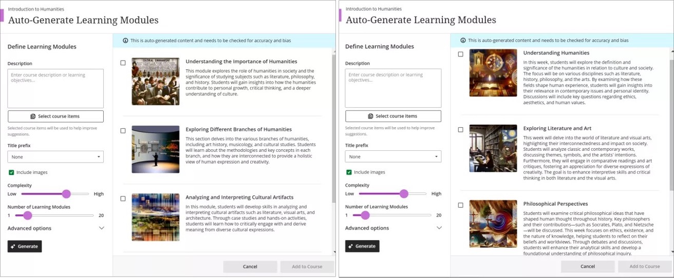 Image 1. The learning modules on the left were generated with the 3900.106 release. The learning modules are described with a few sentences. The
learning modules on the right were generated with the 3900.108 release. The learning module descriptions are longer and more focused on the topic in
3900.108 than in 3900.106.