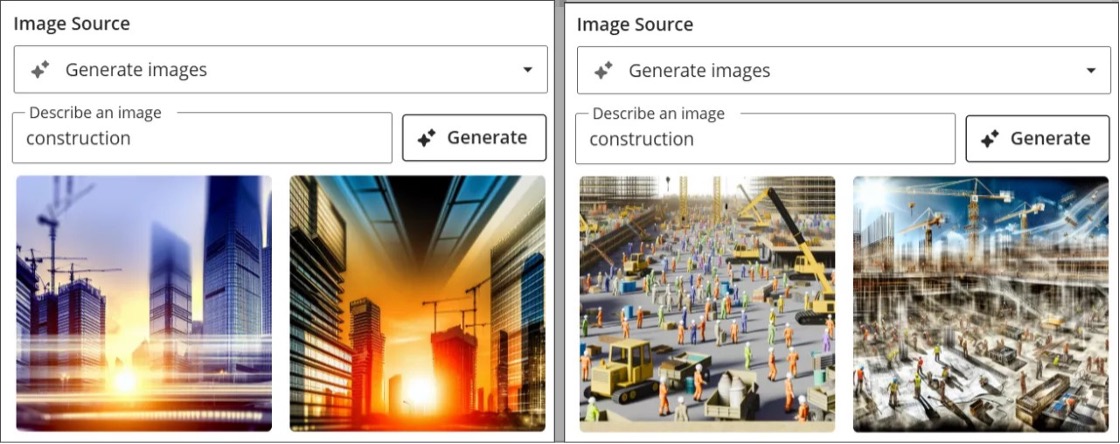 Image 1. The two images on the left were generated by the AI Design Assistant with the 3900.106 release. The prompt used is “construction.” These
images are related to tall buildings in cities. The two images on the right were generated by the AI Design Assistant with the 3900.108 release. The
prompt used is also “construction.” The images are more realistic and related to the prompt in 3900.108 than in 3900.106.