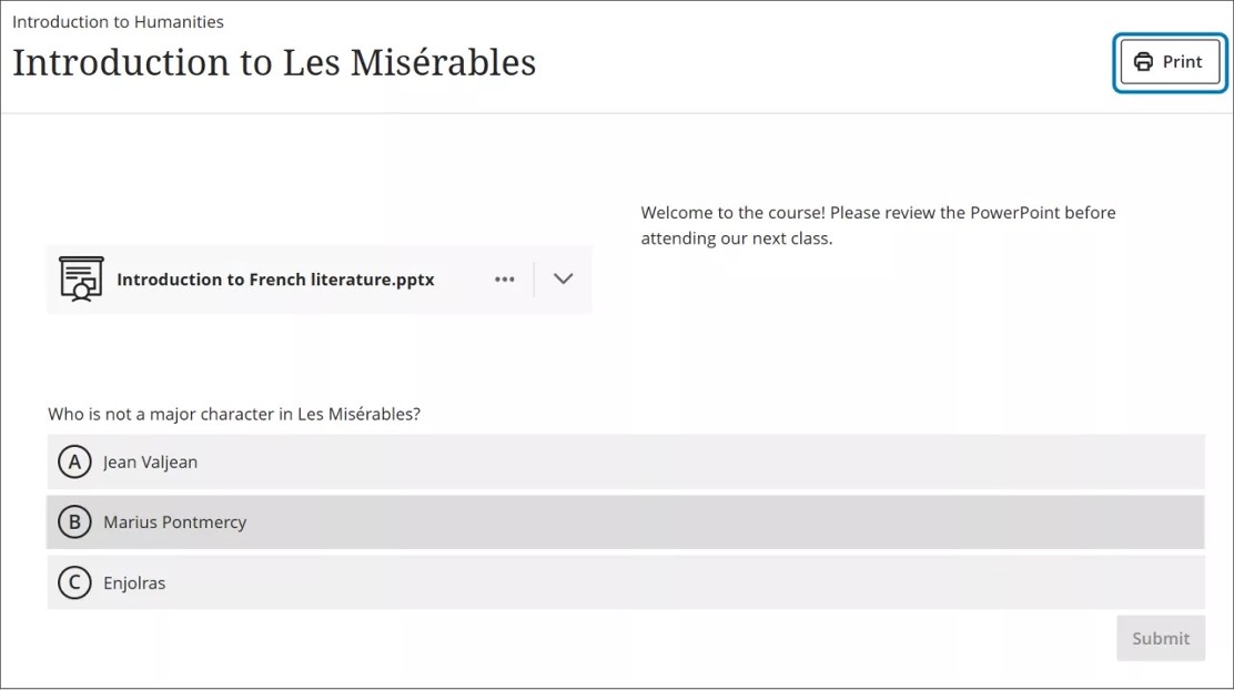 Image 1. The new Print button for Documents is now available for students.