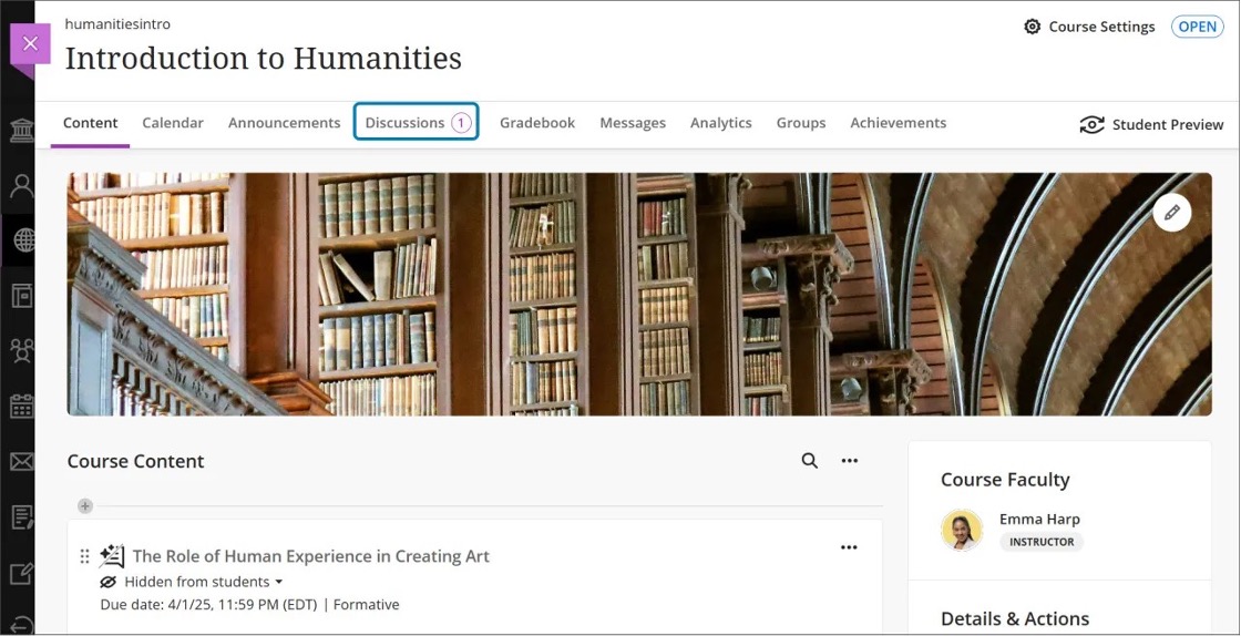 Image 1. From the Course Content page, the link to the Discussions page now has a number beside it that indicates the number of new discussion posts. 