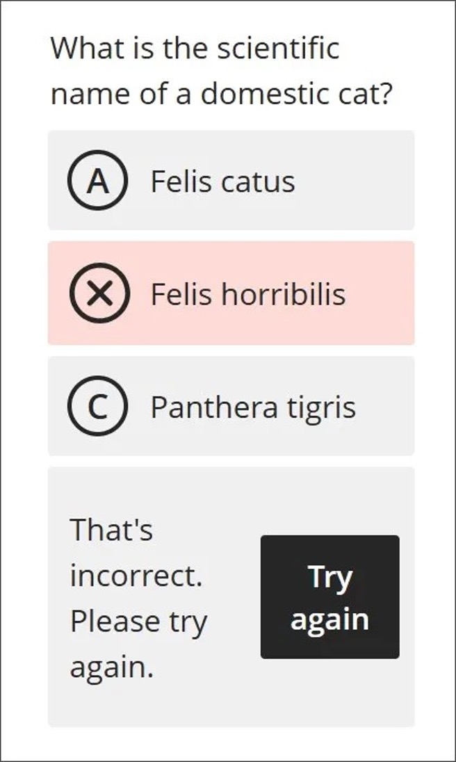 Image 3. The student view of an incorrect answer in a Knowledge Check in 3900.116.