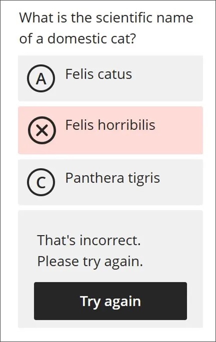 Image 4. The student view of an incorrect answer in a Knowledge Check in 3900.118.