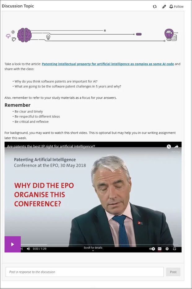 Image 1: Instructors can now embed Video Studio recordings when they create Discussion topics in a course. 