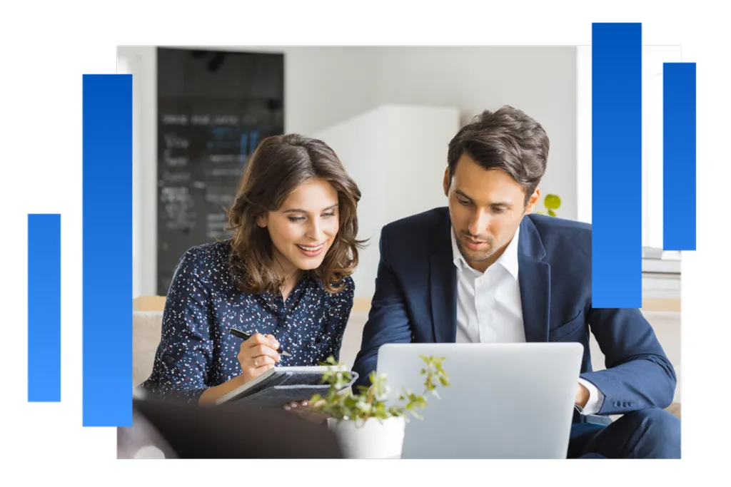 Stylized photo of two people working at a laptop